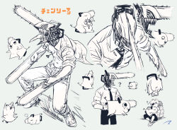 Rule 34 | ..., 1boy, ?, black necktie, chainsaw, chainsaw man, collared shirt, commentary, denji (chainsaw man), eyepatch, handle, lineart, matahei, mechanical head, multiple views, necktie, open mouth, pochita (chainsaw man), pull cord, sharp teeth, shirt, signature, simple background, sketch, teeth, tongue, tongue out, zzz