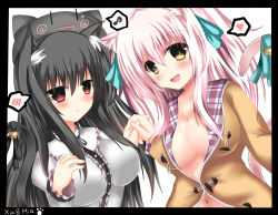 Rule 34 | 2girls, absurdres, animal ears, bell, black border, black hair, blush, border, borrowed character, breasts, cat ears, cat tail, character name, cleavage, heart, highres, holding hands, interlocked fingers, jingle bell, large breasts, long hair, looking at viewer, mia flatpaddy, multiple girls, musical note, navel, open mouth, original, paw print, piano (1991 0422), pink hair, red eyes, shia flatpaddy, simple background, spoken blush, spoken heart, spoken musical note, tail, white background, yellow eyes