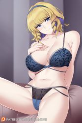 Rule 34 | 1girl, aslindsamure, bare shoulders, blonde hair, blue bra, blue hair, blue hairband, blue panties, blush, bra, breasts, cleavage, closed mouth, collarbone, constance von nuvelle, drill hair, fire emblem, fire emblem: three houses, hairband, hand on own chest, highres, large breasts, leaning back, looking at viewer, multicolored hair, navel, nintendo, panties, short hair, sitting, smile, solo, thighs, twin drills, two-tone hair, underwear