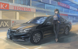 Rule 34 | 1girl, black hair, breasts, hand on own hip, highres, honda, honda accord, jacket, jacket on shoulders, large breasts, long hair, looking to the side, momo hiki, original, personification, red eyes, ribbed sweater, sweater, vehicle focus