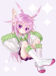 Rule 34 | 1girl, ahoge, axiacid, blush, bottomless, buttons, child, flats, green shirt, green socks, hair ornament, head tilt, highres, horns, knees up, long hair, long sleeves, looking at viewer, original, parted lips, pink hair, pleated skirt, purple background, purple eyes, purple skirt, ribbon-trimmed legwear, ribbon-trimmed skirt, ribbon-trimmed sleeves, ribbon trim, shirt, sidelocks, simple background, sitting, skirt, sleeves past wrists, socks, solo, star-shaped pupils, star (symbol), star hair ornament, symbol-shaped pupils, thighs, two-tone legwear, two-tone shirt, white shirt, white socks