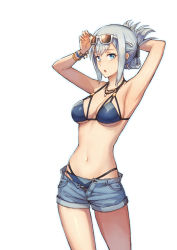 Rule 34 | 1girl, :o, adjusting eyewear, arm behind head, armpits, arms up, bare shoulders, bikini, bikini under clothes, blue bikini, blue eyes, blue shorts, bracelet, breasts, cleavage, collarbone, commentary request, cowboy shot, denim, denim shorts, earrings, emoto reishi, eyewear on head, folded ponytail, hair between eyes, hand on eyewear, highres, jewelry, large breasts, navel, necklace, open clothes, open fly, open shorts, original, parted lips, short hair, short shorts, shorts, sidelocks, silver hair, simple background, solo, standing, swimsuit, underboob, white-framed eyewear, white background