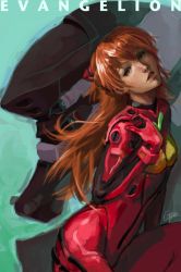Rule 34 | 1girl, blue eyes, bodysuit, breasts, brown hair, copyright name, eva 02, hairpods, head back, interface headset, jimbobox, lips, long hair, mecha, neon genesis evangelion, nose, plugsuit, realistic, robot, signature, small breasts, solo, source request, souryuu asuka langley