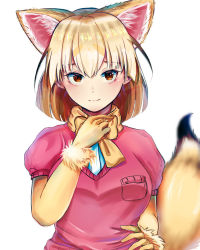 Rule 34 | 1girl, animal ears, bad id, bad pixiv id, blonde hair, bow, bowtie, breast pocket, extra ears, fennec (kemono friends), fox ears, fox tail, fur trim, gloves, kemono friends, looking at viewer, pink sweater, pocket, short sleeves, simple background, solo, sweater, tail, toptea, upper body, white background, yellow bow, yellow bowtie, yellow gloves