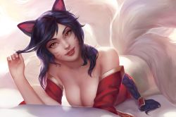 Rule 34 | 1girl, ahri (league of legends), animal ears, braid, breasts, cleavage, detached sleeves, facial mark, fox ears, fox tail, twirling hair, head tilt, highres, j-witless, korean clothes, large breasts, league of legends, long hair, looking at viewer, lying, multiple tails, on stomach, purple hair, single braid, slit pupils, solo, tail, whisker markings, yellow eyes