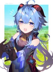 Rule 34 | 1girl, ahoge, azna, bell, black bodysuit, black gloves, blue hair, blurry, blurry background, blush, bodysuit, detached sleeves, ganyu (genshin impact), genshin impact, gloves, hair between eyes, highres, horns, long hair, looking at viewer, neck bell, open mouth, outdoors, purple eyes, solo, tears, twitter username, upper body