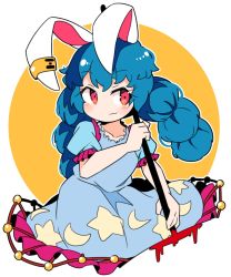 Rule 34 | 1girl, :3, animal ears, blood, blue dress, blue hair, blush, breasts, closed mouth, collarbone, cowboy shot, crescent print, cropped legs, dress, earclip, frilled dress, frilled skirt, frills, highres, holding, holding mallet, ini (inunabe00), kine, long hair, looking at viewer, mallet, puffy short sleeves, puffy sleeves, rabbit ears, red eyes, seiran (touhou), short dress, short sleeves, simple background, skirt, solo, star (symbol), star print, touhou, twintails
