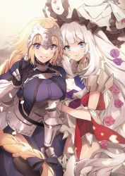 Rule 34 | 2girls, armor, armored dress, blonde hair, blue dress, blue eyes, blush, boots, braid, braided ponytail, breasts, chain, collar, dress, fate/apocrypha, fate/grand order, fate (series), faulds, gauntlets, gloves, grin, headpiece, highres, jeanne d&#039;arc (fate), jeanne d&#039;arc (ruler) (fate), large breasts, large hat, long hair, looking at viewer, marie antoinette (fate), marie antoinette (third ascension) (fate), medium breasts, metal collar, multiple girls, no-kan, plackart, short dress, sidelocks, silver hair, single braid, sleeveless, sleeveless dress, smile, thigh boots, thighhighs, thighs, twintails, very long hair, white dress, white footwear, white headwear, yuri