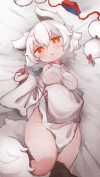 Rule 34 | 1girl, absurdres, animal ears, breasts, bright pupils, chii (tsumami tsumamare), commentary, hat, highres, inubashiri momiji, lying, medium breasts, on back, on bed, pom pom (clothes), red eyes, red hat, shirt, short hair, solo, symbol-only commentary, tail, tokin hat, touhou, white hair, white pupils, white shirt, wolf ears, wolf girl, wolf tail