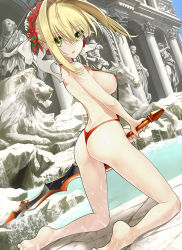 Rule 34 | 10s, 1girl, aestus estus, ahoge, arch, arched back, architecture, ass, back, bad feet, bare legs, barefoot, bikini, blonde hair, blush, breasts, column, day, dutch angle, eyebrows, fate/extra, fate/extra ccc, fate (series), flat ass, flower, from behind, greco-roman architecture, green eyes, hair between eyes, hair flower, hair intakes, hair ornament, hair over eyes, head scarf, holding, holding sword, holding weapon, kawanakajima, kneeling, legs apart, lion, looking back, medium breasts, nero claudius (fate), nero claudius (fate) (all), nero claudius (fate/extra), official alternate costume, one-piece swimsuit, onsen, outdoors, parted lips, pillar, pond, red bikini, red flower, red one-piece swimsuit, red slingshot swimsuit, short hair, sideboob, sidelocks, slingshot swimsuit, soles, solo, statue, strap gap, swimsuit, sword, thighs, thong, thong bikini, two-handed, weapon, wet