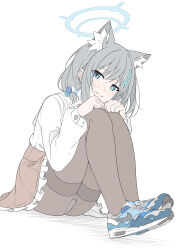 Rule 34 | 1girl, animal ear fluff, animal ears, black pantyhose, blue archive, blue eyes, blue footwear, blue halo, blush, breasts, cross hair ornament, grey hair, hair ornament, halo, highres, looking at viewer, masabodo, medium breasts, nike (company), pantyhose, shiroko (blue archive), shoes, simple background, sitting, smile, sneakers, solo, underwear, white background