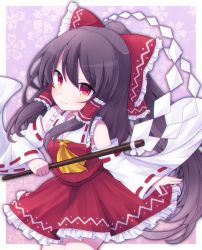 Rule 34 | 1girl, ascot, black hair, bow, closed mouth, commentary request, detached sleeves, floating hair, floral background, frilled bow, frilled skirt, frills, gohei, hair between eyes, hair bow, hair tubes, hakurei reimu, highres, holding, long hair, long sleeves, looking at viewer, ponytail, red bow, red eyes, red shirt, red skirt, rensei, shirt, skirt, sleeveless, sleeveless shirt, smile, solo, touhou, very long hair, white sleeves, wide sleeves, yellow ascot