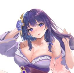 Rule 34 | absurdres, aimu (angry9565), arm behind head, armpits, bare shoulders, blunt bangs, breasts, cleavage, collarbone, dress, flower, genshin impact, hair flower, hair ornament, hand in own hair, hands up, highres, japanese clothes, kimono, large breasts, long hair, mole, mole under eye, obi, off-shoulder dress, off shoulder, open mouth, purple eyes, purple hair, raiden shogun, sash, sidelocks, smile, unfinished, upper body