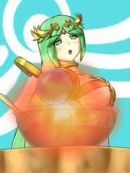 Rule 34 | &gt;:o, 1girl, :o, blush, breasts, choker, cooking, dress, fire, forehead jewel, from side, green eyes, green hair, halo, holding, jewelry, kid icarus, kid icarus uprising, large breasts, long hair, matching hair/eyes, namaixy, necklace, nintendo, palutena, parted bangs, pendant, solo, staff, strapless, strapless dress, swept bangs, tiara, upper body, v-shaped eyebrows, vambraces, very long hair