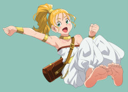 Rule 34 | 1990s (style), 1girl, :d, armband, bare shoulders, barefoot, blonde hair, blush, bracelet, choker, chrono trigger, collarbone, feet, green eyes, highres, jewelry, kuroi ohagi, long hair, marle (chrono trigger), open mouth, pants, ponytail, simple background, smile, soles, solo, toes