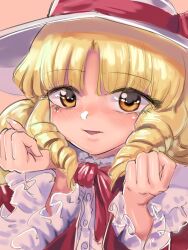 Rule 34 | 1girl, blonde hair, blush, buttons, clenched hands, dress, drill hair, elly (touhou), frilled sleeves, frills, gunnjou yosio, hat, hat ribbon, highres, looking at viewer, open mouth, parted bangs, red dress, red ribbon, ribbon, solo, touhou, touhou (pc-98), white hat, yellow eyes