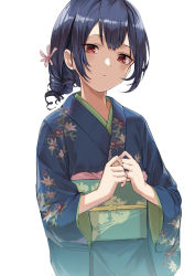 Rule 34 | 1girl, absurdres, black hair, blue kimono, blush, closed mouth, flower, hair flower, hair ornament, haruyuki (gffewuoutgblubh), highres, idolmaster, idolmaster shiny colors, japanese clothes, kimono, looking at viewer, morino rinze, red eyes, sidelocks, simple background, solo, upper body, white background