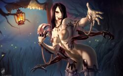 Rule 34 | 1girl, black hair, black nails, black sclera, bra, capelet, cleft of venus, colored sclera, extra arms, extra eyes, fiddlesticks, genderswap, genderswap (mtf), grass, hair over one eye, lamp, league of legends, leaning forward, long hair, long tongue, nail polish, navel, night, nipples, outdoors, personification, pussy, red eyes, rope, scythe, sharp teeth, teeth, themaestronoob, tongue, tongue out, torn clothes, tree, underwear, white capelet
