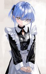 Rule 34 | 1girl, apron, black dress, black ribbon, blue hair, blush, dress, embarrassed, hair ribbon, highres, looking at viewer, luicent, maid, one side up, original, own hands together, ribbon, short hair, sketch, solo, upper body, wavy mouth, white apron, yellow eyes