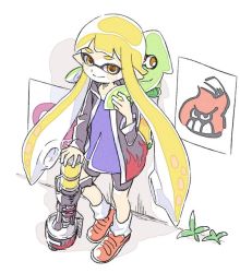 Rule 34 | 1girl, animal, animal on back, black jacket, black shorts, blonde hair, blue shirt, closed mouth, colored skin, comamawa, fire, fire, full body, grass, green skin, gun, holding, holding gun, holding weapon, hood, ink tank (splatoon), jacket, leaning back, long hair, long sleeves, looking at viewer, looking up, nintendo, pointy ears, poster (object), red footwear, shirt, shoes, short shorts, shorts, simple background, smile, solo, splatoon (series), squid, standing, very long hair, wall, weapon, white background, yellow eyes