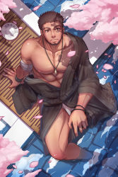 Rule 34 | 1boy, abs, bandages, bara, belt, biceps, bracelet, brown hair, cherry blossoms, dark-skinned male, dark skin, dungeon and fighter, facial hair, fundoshi, highres, japanese clothes, jewelry, kimono, kulolin, looking at viewer, looking up, male focus, male underwear, manly, mature male, muscular, muscular male, necklace, nipples, pectorals, petals, plate, platform, red eyes, scar, scar on face, serious, sitting, solo, spiked hair, stubble, thighs, topless male, underwear, water, wooden floor, yukata