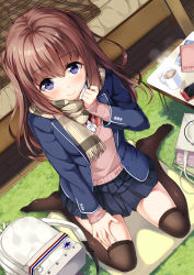 Rule 34 | 1girl, backpack, bag, bed, bedroom, bedside, black thighhighs, blazer, blue skirt, blush, book, brown hair, brown scarf, brown sweater, cellphone, checkered blanket, closed mouth, coffee, commentary request, cup, dutch angle, fringe trim, full body, hand on own thigh, hand on thigh, hand up, highres, indoors, jacket, long hair, looking at viewer, mug, no shoes, notebook, on floor, open clothes, open jacket, original, over-kneehighs, phone, pleated skirt, purple eyes, scarf, sitting, skirt, smartphone, smile, solo, striped clothes, striped scarf, sweater, thighhighs, two side up, unasaka ryou, wariza