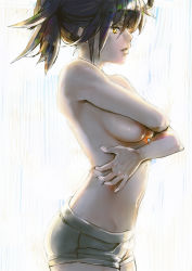 Rule 34 | 1girl, aro (charged time out), bad id, bad pixiv id, breast hold, breasts, brown eyes, brown hair, covering privates, covering breasts, original, short shorts, shorts, solo, topless