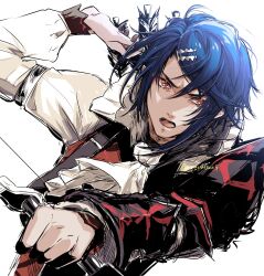 Rule 34 | 1boy, alcryst (fire emblem), armor, arrow (projectile), ascot, blue hair, bow (weapon), fire emblem, fire emblem engage, furrowed brow, hair between eyes, hair ornament, hairclip, highres, holding, holding weapon, long sleeves, looking at viewer, nintendo, open mouth, red eyes, shirt, short hair, solo, umi ( oneinchswing), weapon, white ascot, white background, white shirt