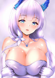 Rule 34 | 1girl, amasora taichi, armpit crease, azur lane, bare shoulders, blue eyes, braid, breasts, breasts squeezed together, cleavage, collarbone, commentary request, covered erect nipples, dress, elbow gloves, eyelashes, gloves, hair ornament, hands up, head tilt, highres, illustrious (azur lane), illustrious (illustrious ball) (azur lane), jewelry, large breasts, long hair, looking at viewer, mole, mole under eye, necklace, parted lips, shiny skin, single braid, sleeveless, sleeveless dress, solo, strapless, strapless dress, upper body, white background, white dress, white gloves, white hair