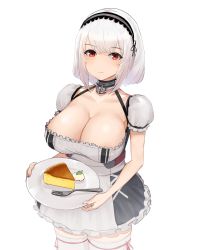 Rule 34 | 1girl, anchor choker, apron, azur lane, blush, breasts, cake, choker, cleavage, closed mouth, collarbone, dress, food, frills, hair between eyes, hairband, highres, lace-trimmed hairband, lace trim, large breasts, looking at viewer, maid, maid apron, plate, puffy short sleeves, puffy sleeves, red eyes, short hair, short sleeves, simple background, sirius (azur lane), smile, solo, thighhighs, thighs, tucciao, white background, white dress, white hair, white thighhighs