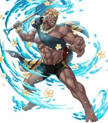 Rule 34 | 1boy, barefoot, dark-skinned male, dark skin, fire emblem, fire emblem heroes, flower, full body, helbindi (fire emblem), highres, horn ornament, horns, jewelry, leaf, male focus, manly, multicolored hair, necklace, nintendo, official alternate costume, official art, open mouth, orange hair, red eyes, scar, shovel, solo, swimsuit, teeth, transparent background, two-tone hair, water, white hair