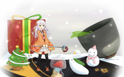 Rule 34 | 1girl, :d, bauble, black thighhighs, christmas ornaments, christmas tree, cup, food, fruit, gift, gradient background, green eyes, green tea, hair ornament, highres, japanese clothes, kimono, layered skirt, light purple hair, mini person, minigirl, open mouth, original, own hands together, scarf, short kimono, silver hair, skirt, smile, snow, snow rabbit, snowman, standing, star (symbol), strawberry, tea, thighhighs, tsuchikure, v arms, wagashi, white skirt, winter, zettai ryouiki