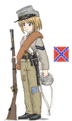 Rule 34 | 1girl, american civil war, bayonet, belt, blanket, blonde hair, blue eyes, canteen, commentary, confederate flag, confederate states of america, ernest, flag, gun, handgun, hat, highres, holding, military, military uniform, musket, original, patch, revolver, short hair, simple background, soldier, solo, standing, uniform, weapon, white background
