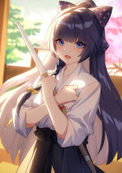Rule 34 | 1girl, :d, absurdres, blurry, blurry background, bow, cherry blossoms, chinese commentary, commentary request, hair bow, highres, holding, honkai (series), honkai impact 3rd, japanese clothes, kendo, long hair, looking at viewer, open mouth, purple eyes, purple hair, raiden mei, sleeves past elbows, smile, solo, sword, tree, uwagi, weapon, wooden sword, wu ganlan cai