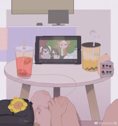 Rule 34 | 2boys, absurdres, bara, bubble tea, couch, couple, from above, highres, indoors, ipad, kn (10112650), male focus, multiple boys, on couch, on table, original, pov, pov hands, sitting, table, tablet pc, television, yaoi