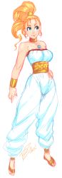 Rule 34 | 1990s (style), 1girl, bad id, bad tumblr id, baggy pants, bare shoulders, blue eyes, breasts, choker, chrono (series), chrono trigger, earrings, hand on own hip, highres, hoop earrings, jewelry, large breasts, long hair, marle (chrono trigger), orange hair, pants, ponytail, retro artstyle, robaato, sash, smile, solo