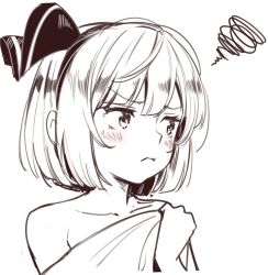 Rule 34 | 1girl, asutora, bare shoulders, blush, collarbone, commentary request, covering privates, covering breasts, greyscale, hair ornament, hairband, hand up, konpaku youmu, looking away, looking to the side, monochrome, naked towel, short hair, solo, squiggle, touhou, towel, upper body