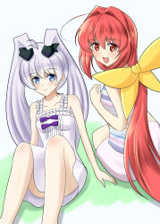 Rule 34 | 2girls, :d, absurdres, ahoge, blue eyes, bow, chestnut95, dress, grey hair, hair intakes, highres, kagami sumika, long hair, looking at viewer, low ponytail, multicolored clothes, multiple girls, muv-luv, muv-luv alternative, off-shoulder dress, off shoulder, open mouth, ponytail, purple bow, red eyes, red hair, skirt, smile, solo, twintails, very long hair, white dress, yashiro kasumi, yellow bow