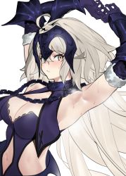 Rule 34 | 1girl, absurdres, ahoge, armpits, arms up, bare shoulders, black dress, blush, breasts, brown eyes, chain, cleavage, clothing cutout, collar, dress, fate/grand order, fate (series), from side, fur trim, gauntlets, hair between eyes, headpiece, highres, huge filesize, jeanne d&#039;arc (fate), jeanne d&#039;arc alter (avenger) (fate), jeanne d&#039;arc alter (avenger) (third ascension) (fate), jeanne d&#039;arc alter (fate), jikatarou, long hair, looking at viewer, looking to the side, medium breasts, navel, navel cutout, parted lips, revealing clothes, silver hair, sleeveless, sleeveless dress, solo, upper body, very long hair