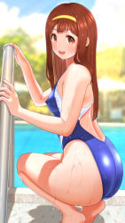 Rule 34 | 1girl, ass, blue one-piece swimsuit, blurry, blurry background, brown eyes, brown hair, competition swimsuit, covered erect nipples, hairband, highres, idolmaster, idolmaster million live!, long hair, looking back, one-piece swimsuit, pool, pool ladder, poolside, solo, squatting, swimsuit, tanaka kotoha, toritori miri