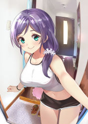 Rule 34 | 1girl, aqua eyes, bare arms, bare shoulders, black shorts, blush, breasts, bunbun (midukikome), closed mouth, cowboy shot, crop top, dolphin shorts, doorway, hair over shoulder, highres, indoors, large breasts, long hair, looking at viewer, love live!, love live! school idol project, navel, opening door, parted bangs, pov doorway, purple hair, scrunchie, short shorts, shorts, smile, solo, swept bangs, tank top, tojo nozomi, white tank top