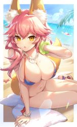 Rule 34 | 1girl, absurdres, animal ear fluff, animal ears, bad id, bad twitter id, bare shoulders, beach, bikini, blue bikini, blue sky, blush, bracelet, breasts, cleavage, collarbone, day, fate/grand order, fate (series), fox ears, fox girl, fox tail, gomashio ponz, hat, highres, jewelry, large breasts, lens flare, long hair, looking at viewer, navel, necklace, ocean, open mouth, outside border, palm tree, pink hair, sand, sidelocks, sky, starfish, sun hat, sunlight, swimsuit, tail, tamamo (fate), tamamo no mae (fate/extra), tamamo no mae (swimsuit lancer) (fate), tamamo no mae (swimsuit lancer) (third ascension) (fate), thighs, towel, tree, unworn hat, unworn headwear, wet, white headwear, yellow eyes