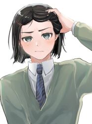 Rule 34 | 1boy, black hair, blue necktie, blush, closed mouth, collared shirt, fate/zero, fate (series), green sweater, hair ornament, hairclip, hand on own head, highres, looking at viewer, male focus, necktie, nervous, shirt, short hair, solo, striped necktie, sweatdrop, sweater, tokoni fusu, upper body, waver velvet, white background, white shirt