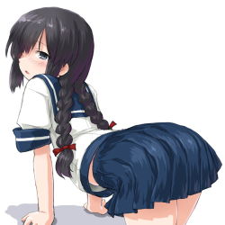 Rule 34 | 10s, 1girl, arched back, black hair, blue eyes, blue skirt, blush, braid, dd (ijigendd), isonami (kancolle), kantai collection, long hair, looking at viewer, open mouth, pleated skirt, school uniform, serafuku, simple background, skirt, solo, twin braids, white background