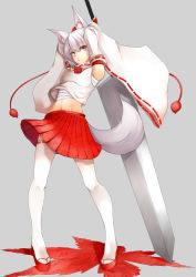 Rule 34 | 1girl, absurdres, alternate weapon, animal ears, armpits, arms up, asya, bare shoulders, bridal gauntlets, clog sandals, detached sleeves, female focus, highres, huge weapon, inubashiri momiji, midriff, navel, okobo, pleated skirt, red eyes, sandals, sarashi, short hair, silver hair, simple background, skirt, solo, sword, tail, thighhighs, touhou, weapon, white thighhighs, wolf ears, wolf tail