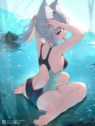 Rule 34 | 1girl, animal ear fluff, animal ears, aqua eyes, arm up, artist name, ass, back, bare legs, barefoot, black one-piece swimsuit, blue archive, breasts, competition swimsuit, full body, grey hair, hair tie, highres, liwendala, long hair, medium breasts, mouth hold, one-piece swimsuit, shallow water, shiroko (blue archive), sideboob, sitting, solo, swimsuit, tying hair, wariza, water, wolf ears