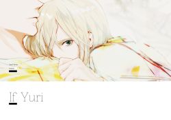 Rule 34 | 2boys, blonde hair, clutching clothes, commentary request, copyright name, green eyes, looking at viewer, multiple boys, otabek altin, say hana, yaoi, yuri!!! on ice, yuri plisetsky