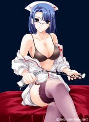 Rule 34 | 1girl, bed, belt, blue eyes, blue hair, bra, breasts, cleavage, crossed legs, dot nose, dress, facing viewer, feet out of frame, female focus, garter belt, glasses, hakui no gohoushi, hat, kinmedai pink, lace, lace-trimmed legwear, lace trim, large breasts, lingerie, looking at viewer, mai ryouka, nurse, nurse cap, off shoulder, open clothes, open shirt, purple thighhighs, shirt, short hair, sitting, smile, solo, stethoscope, tareme, thighhighs, underwear, undressing