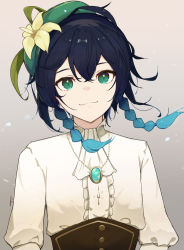 Rule 34 | 1boy, :3, androgynous, black hair, blue hair, collared shirt, commentary, crossed bangs, eyebrows hidden by hair, flower, frilled shirt collar, frills, genshin impact, gradient background, gradient hair, green eyes, hair between eyes, hat, hat flower, highres, jewelry, jushoro, light blue hair, looking at viewer, male focus, medium hair, multicolored hair, necklace, pendant, shirt, shirt tucked in, smile, solo, upper body, venti (genshin impact), white shirt