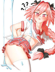 Rule 34 | 1boy, ?, absurdres, arms behind back, astolfo (fate), bdsm, black bow, blush, bondage, bound, bound wrists, bow, braid, braided ponytail, collarbone, crop top, fate/apocrypha, fate/grand order, fate (series), feet out of frame, frostyneko, gluteal fold, hair bow, highres, long hair, lying, midriff, navel, nude, on side, open mouth, pink eyes, pink hair, pleated skirt, red skirt, ribbon, school uniform, serafuku, shirt, short sleeves, simple background, single braid, skirt, slime (substance), sweat, sweatdrop, thighhighs, thighs, trap, very long hair, white background, white shirt, white thighhighs